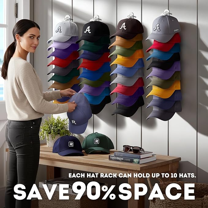 2 Pack Hat Organizer for Baseball Caps, Hat Rack for Wall Hold Up to 20 Hats, Hat Holder with Strong Adhesive and Screws, Hat Organizer Wall Mounted Hat Hanger Display for Door Closet Bedroom(B-White)