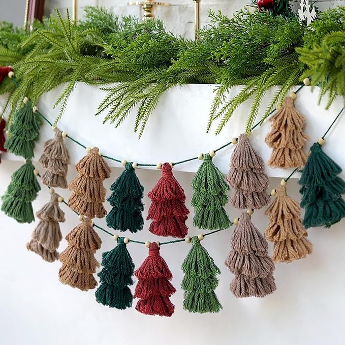 Breling 2 Pcs Christmas Boho Tassel Garland with Wood Beads 60 Inch Rustic Hanging Decor in Neutral Earth Tones Holiday Banner Woodland Office Fireplace Mantel Wall Christmas Decoration Indoor Outdoor