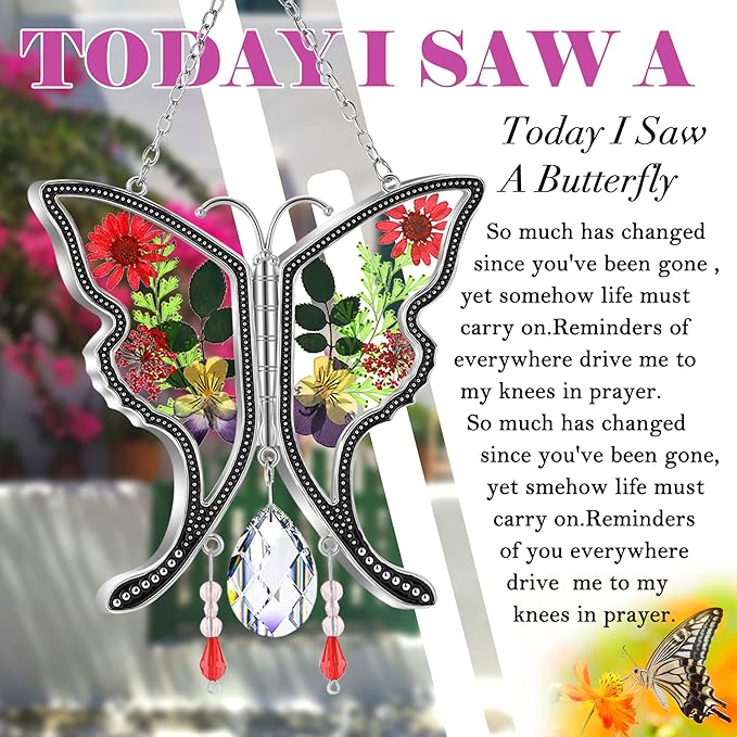 KY&BOSAM Butterfly Suncatcher Gifts for Mom Stained Glass Butterfly for Windows Hangings Wind Chime Ornament Pressed Rearl Flower Wings and Crystal Charm Birthday Gift for Mom Mother`s Day Christmas