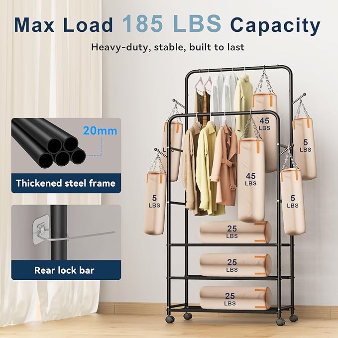 Whitmor Heavy Duty Adjustable Garment Rack-Rolling Clothes Organizer, Black and Chrome