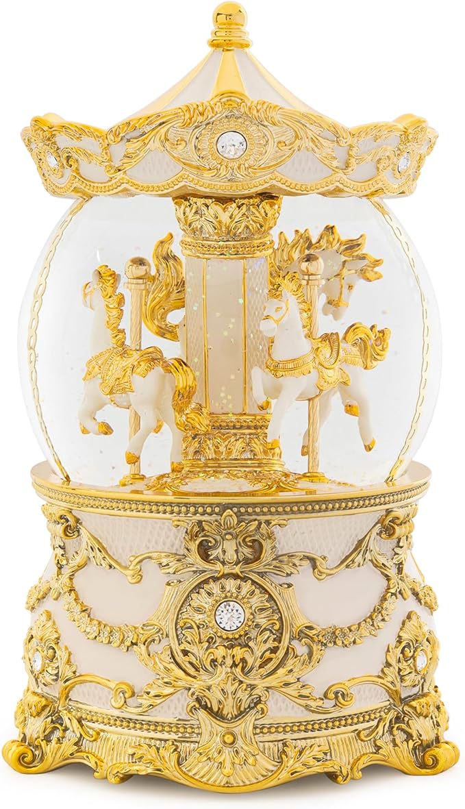 Carousel Music Box Gold & Ivory Christmas Snow Globes, 8.3" Rotate Carousel Snow Globe for Kids & Adults, Classic Wind up Musical Snow Globe Birthday Gifts for Women Girls, Carousel Horse Home Decor