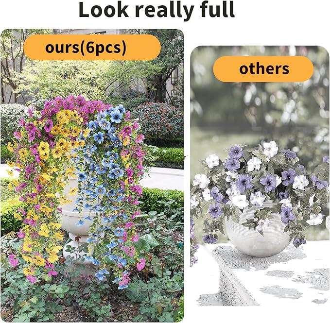 Artificial Hanging Flowers for Outdoors, 6 Pcs Fake Plant for Spring Summer Decoration, UV Resistant Realistic Silk Faux Flowers Outside Indoor Planter Porch Patio Balcony Yard Decor