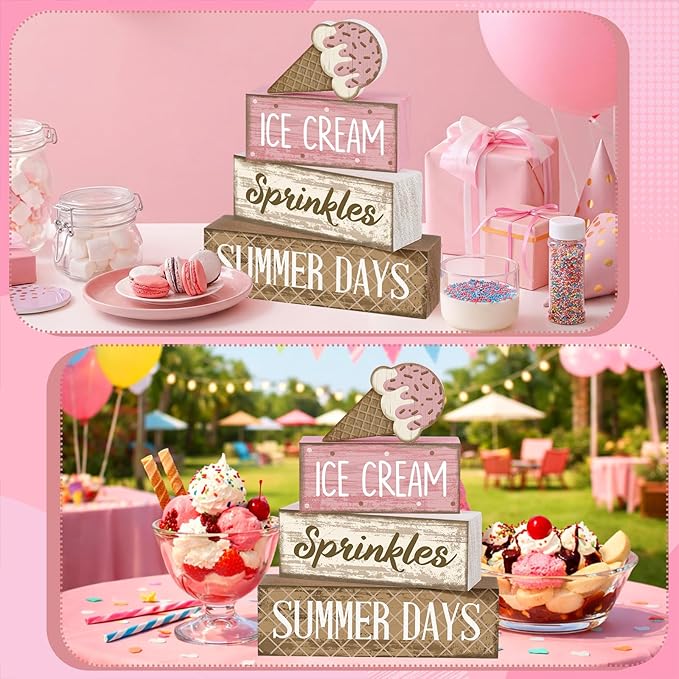 Lineshading 4 Pcs Summer Table Decoration Ice Cream Wooden Sign Pink Brown Rustic Summer Tiered Tray Decor Ice Cream Sprinkles Centerpieces for Home, Dining Room & Coffee Bar Kitchen