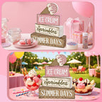 Lineshading 4 Pcs Summer Table Decoration Ice Cream Wooden Sign Pink Brown Rustic Summer Tiered Tray Decor Ice Cream Sprinkles Centerpieces for Home, Dining Room & Coffee Bar Kitchen