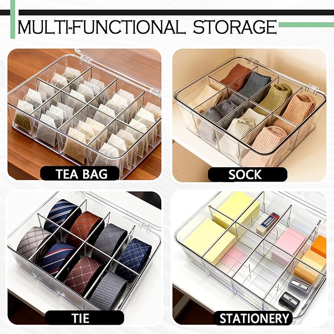 Sock Underwear Dresser Drawer Organizer with Dividers, Clear 8 Grids Plastic Storage Box Bin with Lid, Small Parts Bead Container for Jewelry Earring Scarves Ties Bras Crafts Fishing Tackle