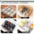 Sock Underwear Dresser Drawer Organizer with Dividers, Clear 8 Grids Plastic Storage Box Bin with Lid, Small Parts Bead Container for Jewelry Earring Scarves Ties Bras Crafts Fishing Tackle