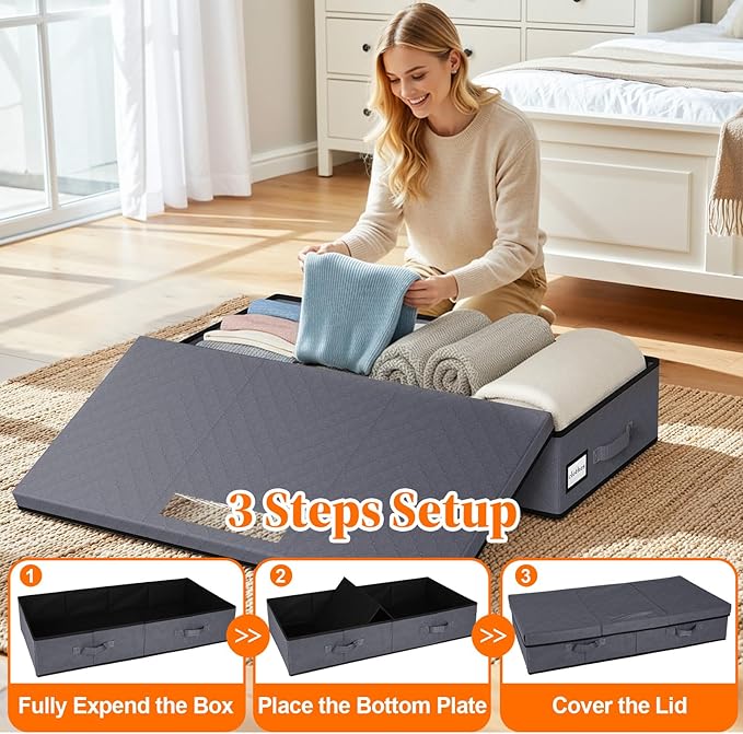 Under Bed Storage Containers with Lids - 2 Pack, Foldable and Stackable Clothes Storage Bags with Clear Window, 3-Sided Handles and Label Slot for Clothing, Blankets, Pillows (Grey)