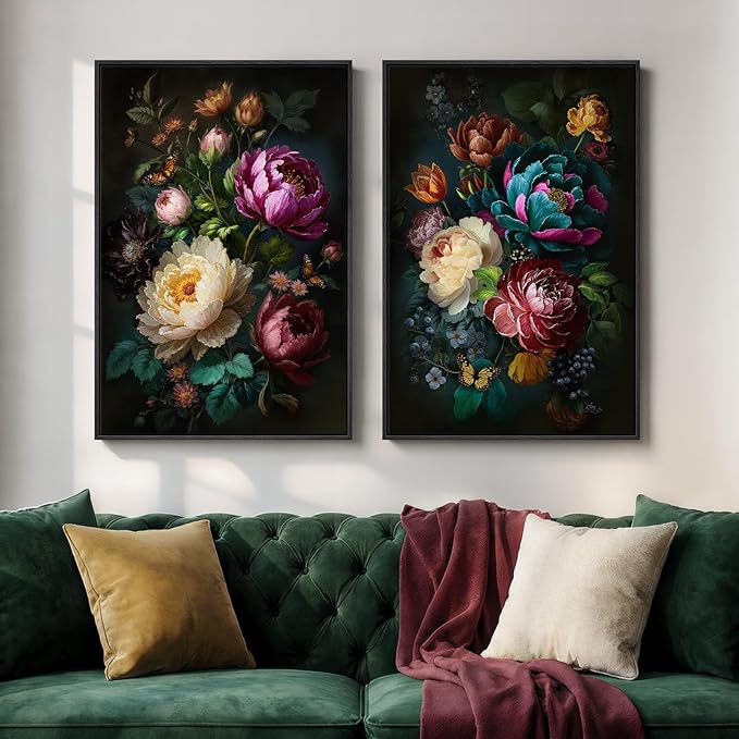 Large Framed Vintage Floral Wall Art Set of 2, Colorful Rustic Farmhouse Botanical Canvas Prints, Moody Cottage Core Peony Flower Pictures Wall Decor for Living Room Bedroom Dining Room, 24x36