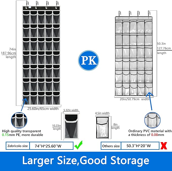 over the door shoe organizer,upgraded,over door shoe organizer,35 Huge clear pockets,Store size 13 shoes,shoe organizer,Strong material,hooks Suitable for various doors,Black