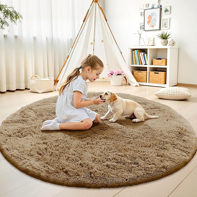 OLANLY Taupe Round Rugs for Bedroom - Machine Washable, 7 ft Circle Area Rugs for Living Room, Soft and Fluffy Shaggy Carpet for Teen Girl and Boys, Nursery Rooms, Dorms, Home Decor Aesthetic