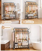 Homde Heavy Duty Clothes Rack: 265lb Rolling Double Rod Garment Hanging - Metal Coat Organizer Storage Display Shelf on Wheels for Bedroom Laundry