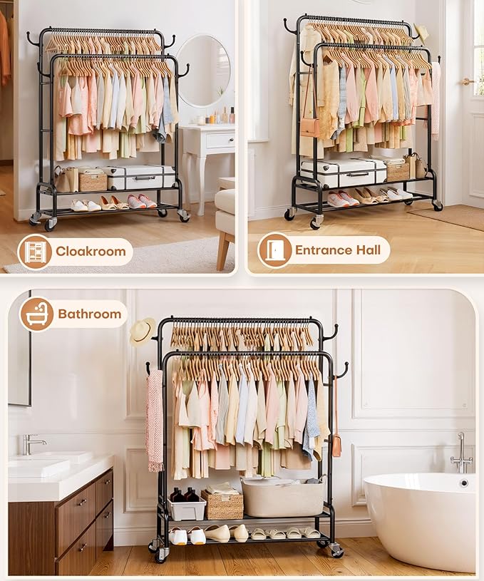Homde Heavy Duty Clothes Rack: 265lb Rolling Double Rod Garment Hanging - Metal Coat Organizer Storage Display Shelf on Wheels for Bedroom Laundry