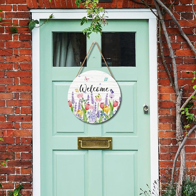 Welcome Spring Summer Tulip Flower Front Door Sign Spring Door Decorations Floral Wooden Hanging Sign Summer Door Hanger Tulip Wreath Wall Sign for Indoor Outdoor Porch Yard Garden Decor 12x12 Inch
