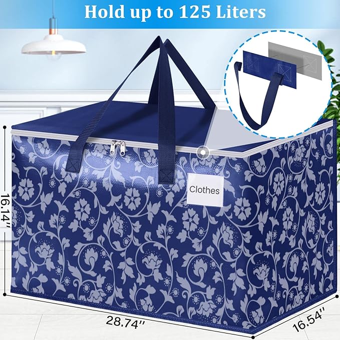 HomeHacks Moving Bags, Extra Large Size Moving Boxes, Heavy Duty Luggage Bags with Smooth Zipper and Sturdy Handles, Large Capacity & Easy Loading Storage Totes for Space Saver 125L, 8-Pack, Blue
