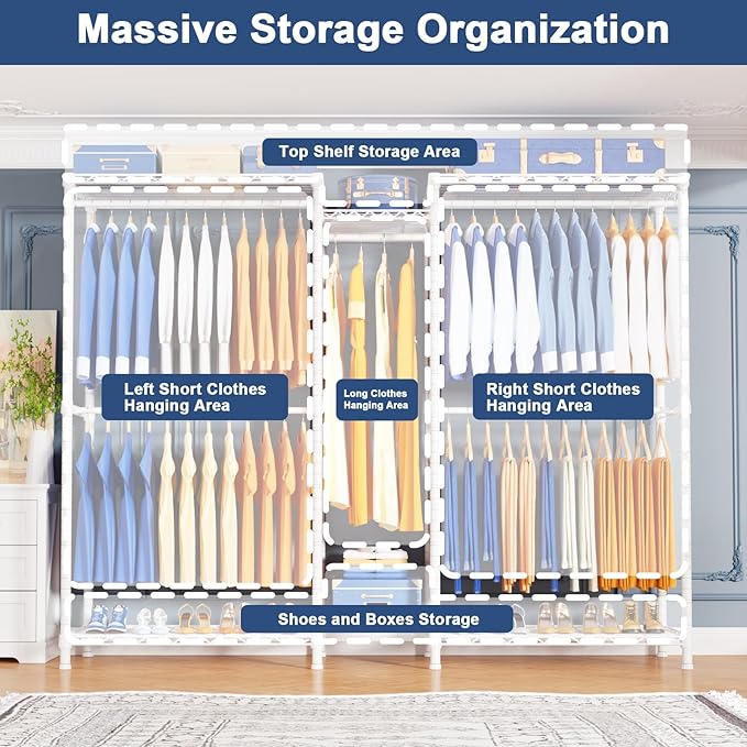 Ulif E12 Pro Clothes Rack，Heavy Duty Freestanding Garment Rack with Shelves，Metal Clothing Closet Storage System for Hanging Clothes，71" W x 16" D x 76.5" H, Hold 960 lbs，White