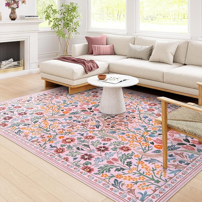 Moynesa Floral 8x10 Area Rugs for Living Room, Washable Large Pink Bedroom Rug 8x10, Non Slip Ultra Thin Boho Flower Indoor Floor Carpet for Girls Room Nursery Playroom, Pink