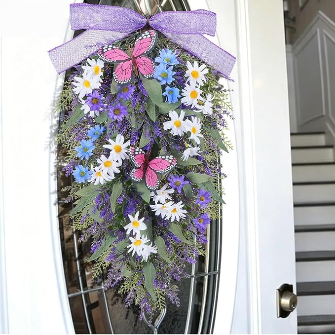 23" Lavender Teardrop Swag Wreath 2Pcs Spring Summer Swags for Front Door Faux Lavender Teardrop Swag with Butterfly Purple Wreath for Porch Wall Window Farmhouse Wedding Home Decor