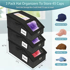 Stackable Hat Storage for Baseball Caps, 3 PCS Hat Storage Boxes for Closet, Holds up to 45 Caps with Cardboard, Hat Organizer for Women & Men(Two Clear Window)（Black）