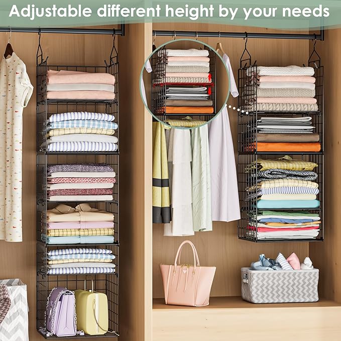 6-Tier Closet Hanging Organizer Shelves, Hanging Closet Organizer and Storage Bin with Adjustable Dividers, Metal & Foldable Closet Hanging Organizers and Storage for Clothes Sweaters Shoes Handbags