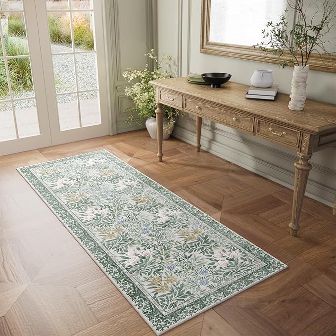 Botanical Floral Washable Runners for Hallways Area Rug 2x6 Light Green Cream Vintage Garden Design, Perfect for Carpet for Kitchen Bedroom Bathroom Laundry Room
