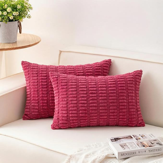 Aegero Pack of 2 Corduroy Decorative Throw Pillow Covers 12x20 Inch Soft Striped Pillow Covers Modern Farmhouse Home Decor for Sofa Living Room Couch Bed（Rose Red）