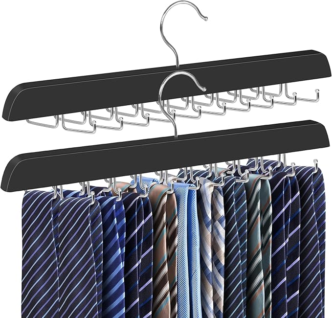 Tie Rack Hanger for Closet 20 Foldable Hooks, 2 Pack Wooden Non Slip Large Capacity Space Saving Tie and Belt Organizer with 360°Rotating Hooks for Tank Tops Bras Scarves Hat