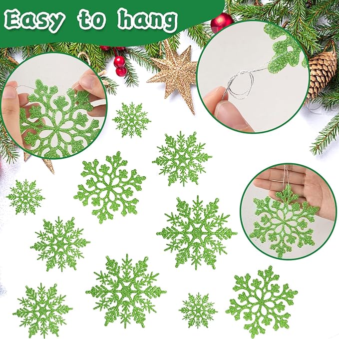 36pcs Christmas Lime Green Snowflake Ornaments，Plastic Lime Green Snow Flakes Hanging Ornaments for Christmas Tree Decor Winter Wonderland Frozen Birthday Party Holiday Home Decor Craft Snowflake
