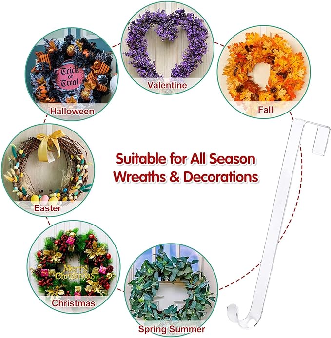 12" Clear Wreath Hangers for Front Door, 3 Pack Non-Scratch Over The Door Hooks Hanger, All-Season Decorations & Storage