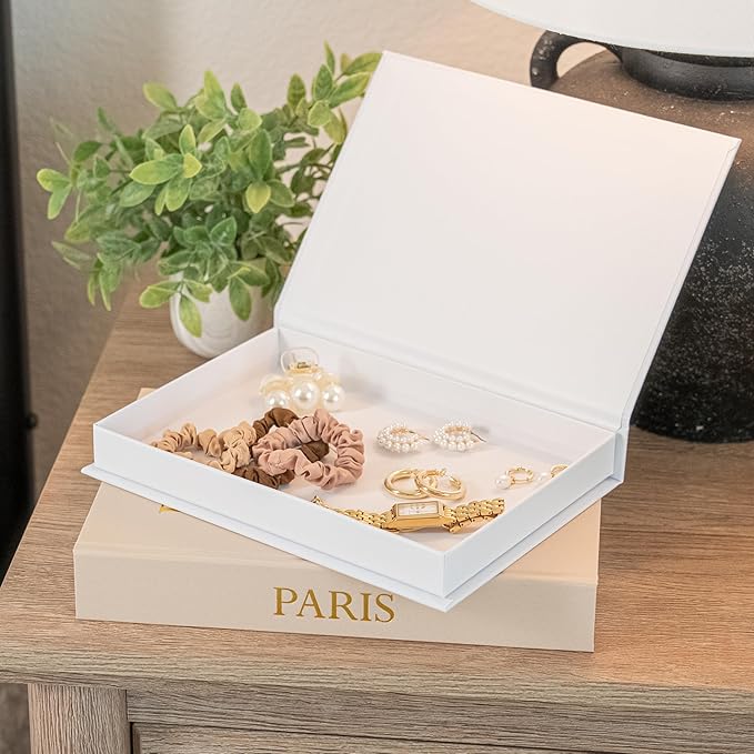 Decorative Books with Storage (Caramel/Beige) – Set of 2 Faux Linen Book Boxes with Gold Stamped Covers – Enhance Your Coffee Table, Bookshelf Decor – Hidden Storage for Photos, Keepsakes, and Jewelry