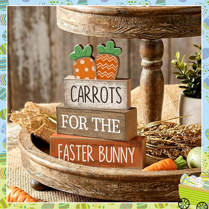 Lineshading 4 Pcs Easter Decor Wooden Carrot Decoration Easter Tiered Tray Decor Rustic Wooden Carrot Block Sign Carrots Table Centerpiece Farmhouse for Party Home Kitchen