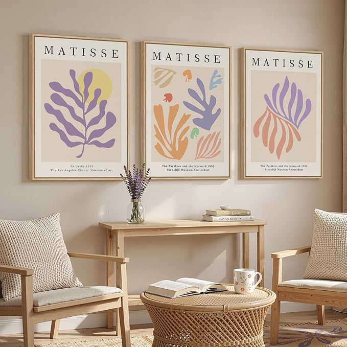 Framed Large Matisse Canvas Wall Art Set of 3, Vintage Colorful Abstract Floral Artwork Prints, Neutral Beige Matisse Botanical Wall Decor for Living Room, Bedroom, Hallway and Office, Total Size 30x60