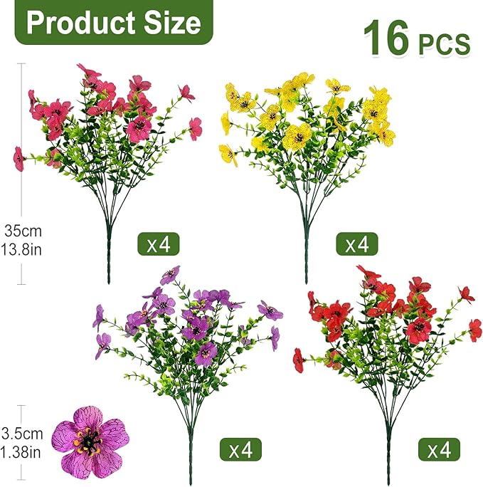 Artificial Flowers for Outdoors, 16 PCS UV Resistant Faux Plants with Fabric Flowers, Colorful Realistic Fake Flowers for Front Porch Garden Patio Balcony Planter Spring Summer Outside Decor