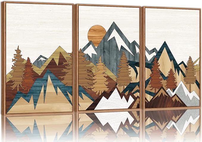SIGNINART Vintage Mountain Framed Canvas Wall Art, Boho Sunrise Art Prints, Forest Nature Wilderness Art Paintings, Modern Farmhouse Woodcut Style Wall Decor for Living Room Bedroom, Office 24"x36"x3