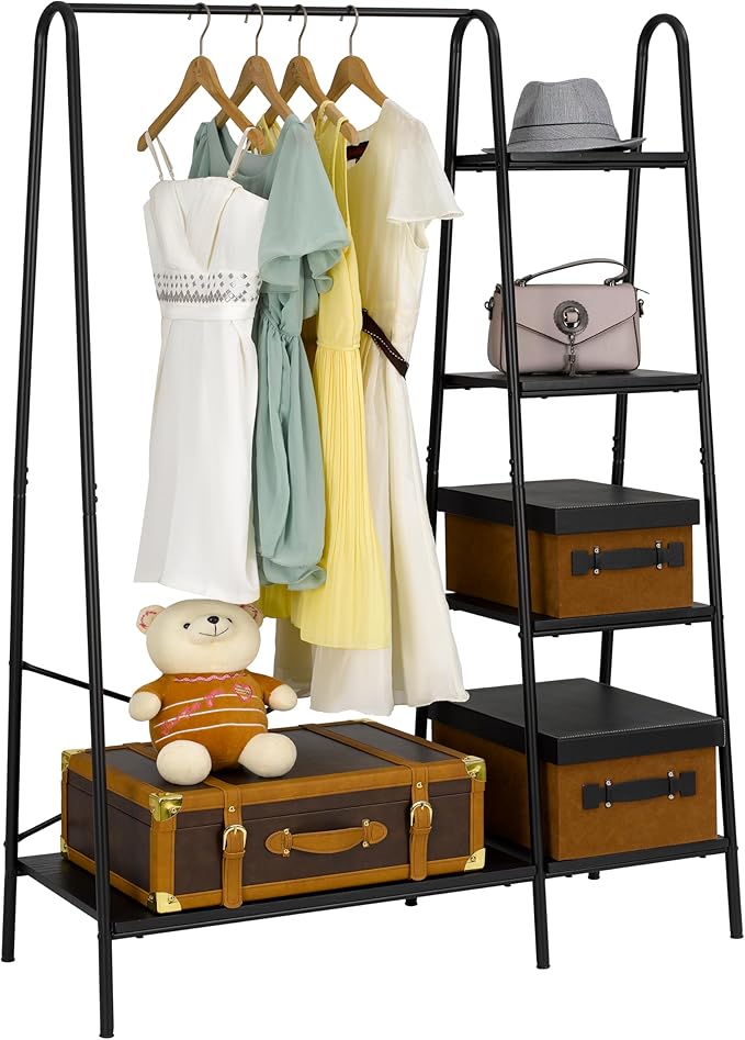 Finnhomy Rustic Clothes Rack, Clothing Rack for Hanging Clothes Heavy Duty Garment Rack with 5 Wood Shelves Freestanding Portable Closet Organizer for Bedroom/Entryway/Boutiques，Matte Black