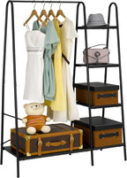 Finnhomy Rustic Clothes Rack, Clothing Rack for Hanging Clothes Heavy Duty Garment Rack with 5 Wood Shelves Freestanding Portable Closet Organizer for Bedroom/Entryway/Boutiques，Matte Black
