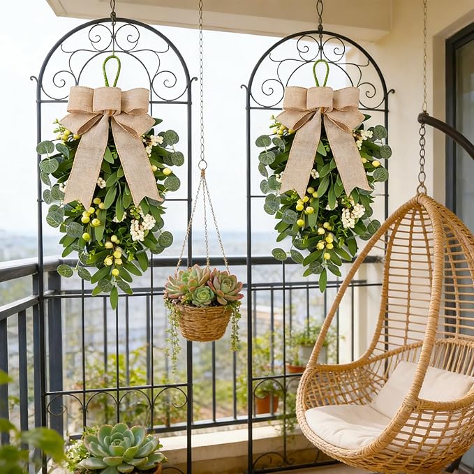 2 PCS 22" Artificial Green Eucalyptus Teardrop Swag for Front Door Greenery Swag Spring Summer Olive Kitchen Cabinet Wreath with White Berry for Farmhouse Home Porch Wall Window Festival Wedding Decor