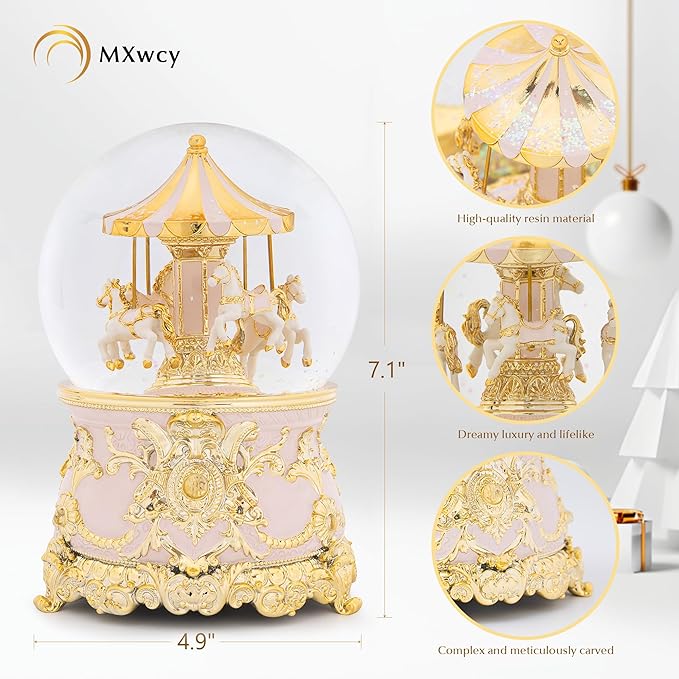 Carousel Music Box Gold Pink Christmas Snow Globes, 7.1" Glass Rotate Carousel Snow Globe for Kids & Adults, Classic Wind up Musical Snow Globe Valentines Day Gifts, Carousel Horse Home Decor