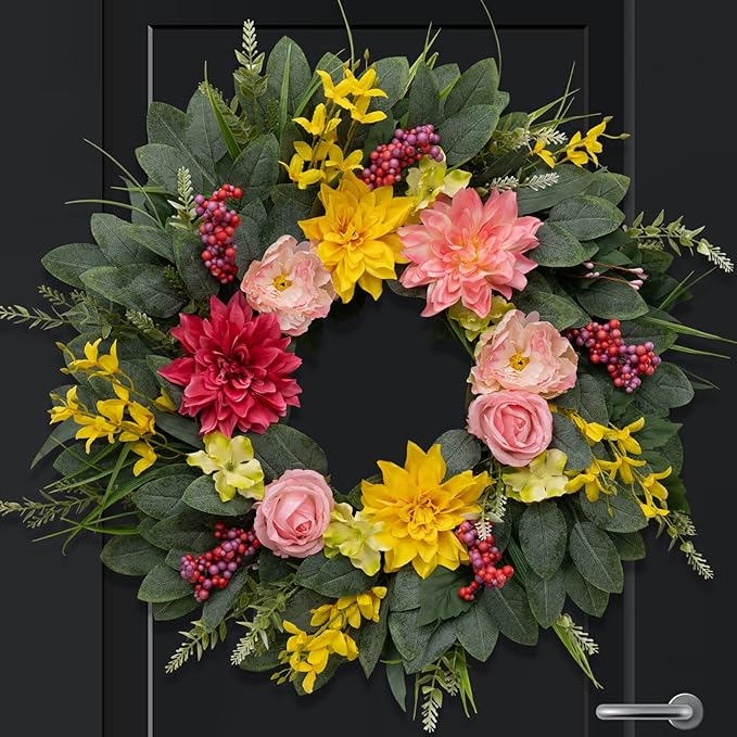 Spring Summer Eucalyptus Wreaths for Front Door Outside 24Inch Door Yellow Daisy Wreath with Sunflower Peony Dahlia Green Leaves for All Season Indoor Outdoor Home Farmhouse Porch Wall Window Decor
