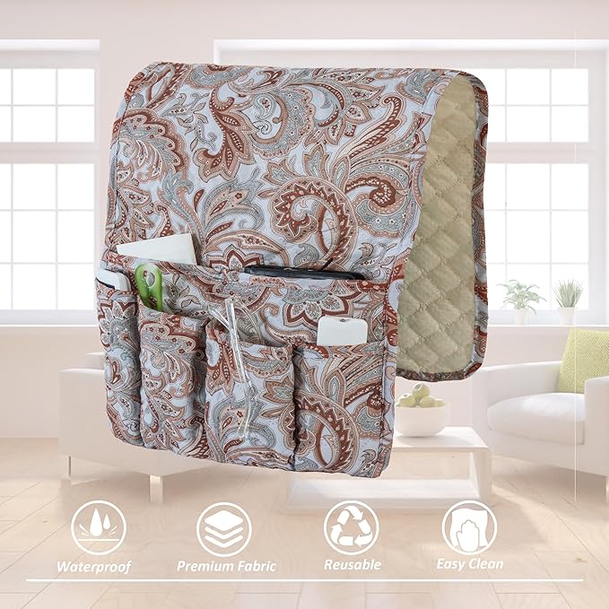 Armchair Caddy for Couch Remote Control Holder Premium Durable Non-slip Sofa Armset Organizer Caddy Storage for Recliner Couch 5 Pocket for Cell Phone Magazine 35"x13" Floral 1 Piece