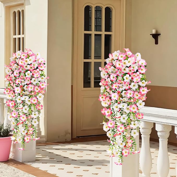 Waipfaru Artificial Petunias Flowers for Outdoors, 4 Pcs UV Resistant Fake Hanging Plants Spring Outside Decor, Faux Silk Flowers Long Trailing Vines for Outdoor Planters Porch Garden