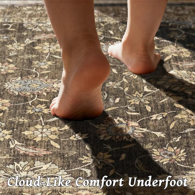 Washable 3x5 Entryway Rug, Boho Non-Slip Vintage Distress Small Rugs for Kitchen Nursery Office Bedroom, 0.3" Neutral Oriental Throw Thin Carpet with Cushioning Pad, Tan/Flaxen/Multi