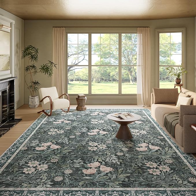 Washable 9x12 Area Rug - Light Green Vintage Floral with Ornate Border, Soft Low Pile Carpet for Living Room, Dining Room Under Table, Bedroom Non-Slip, Stain Resistant & Durable