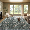 Washable 9x12 Area Rug - Light Green Vintage Floral with Ornate Border, Soft Low Pile Carpet for Living Room, Dining Room Under Table, Bedroom Non-Slip, Stain Resistant & Durable