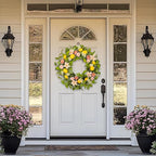 Lemon Eucalyptus Wreath for Front Door - 22 Inch Artificial Lemon Wreath with Fabric Leaves & Pink Camellias, Farmhouse Kitchen Decor, Spring Summer Welcome Wall Hanger
