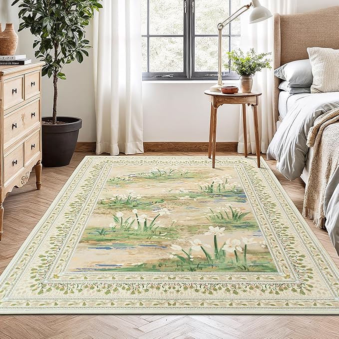 Lessymo Dining Room Rugs for Under Table, 6x9 Washable Floral Area Rug for Living Room, Non Slip Low Pile Carpet for Bedroom, Stain Resistance Cottagecore Farmhouse Nursery Office Decor, Beige Sage