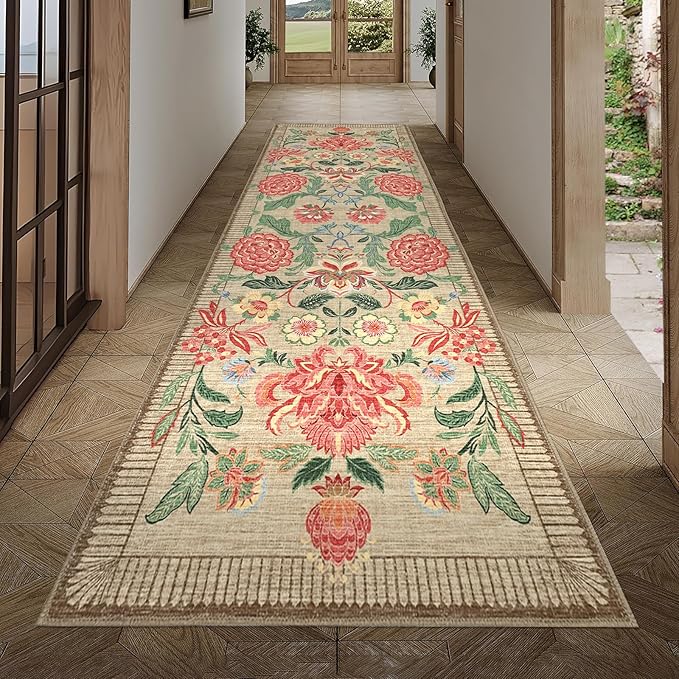GarveeHome Floral 2.5x8 Washable Kitchen Runner Rugs Non Slip Camel Taupe Brown Vintage Boho Cottage Long Rug for Hallways Bedroom Entryway Bathroom Mat with Rubber Back