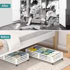 Bamboo Under Bed Storage Containers- Underbed Organizer with Wheels with Large Capacity Dust Bag,Sturdy Wood Rolling Under Bed Shoe Storage Organizer 2 Packs (White, 1 Packs (23.62"×16.54"))
