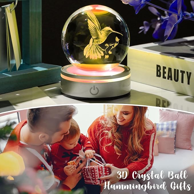 Movdyka 3D Crystal Ball Hummingbird Gifts for Women Men Glass Humming Bird Ornament Animals Figurine Home Decor with Colorful LED Base for Hummingbird Nature Lovers on Birthday Christmas- 3.15"/8CM
