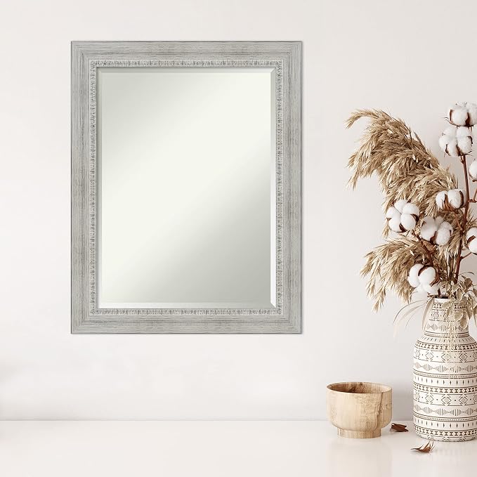 Amanti Art White Wall Mirror 28x22 Rustic White Wash Rectangle Bathroom Mirror for Wall Decor Living Room, Medium Country Rustic Wood Frame, Hangs Horizonally and Vertically, Bathroom Decor, Beveled