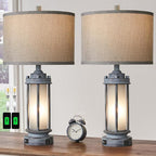 AIEAMPDO Set of 2 Rustic Table Lamps for Living Room, Farmhouse Vintage Nightstand Lamp with 2 USB Ports, Antique Retro Light Green Glass Night Light for Bedroom Entryway, 4 Bulbs Included